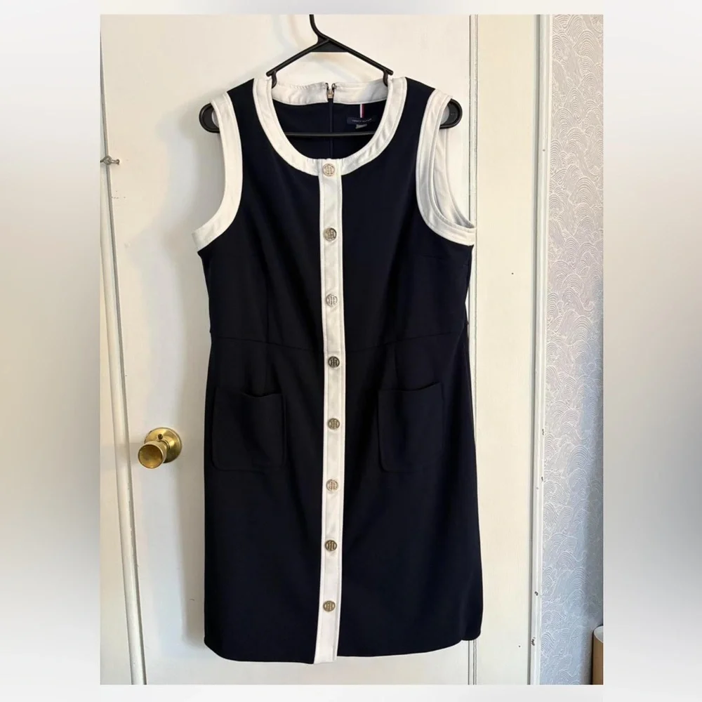Tommy Hilfiger Navy and White Button-Front Midi Dress - Picture 1 of 3
